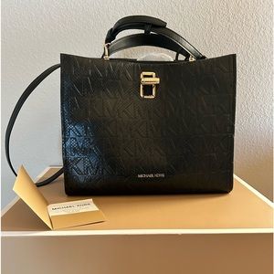 New in Box Michael Kors Penelope LG TH Satchel Embossed Black